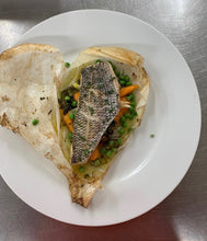 Load image into Gallery viewer, Local Black Fish with Peas Asparagus Artichokes &amp; Woodland 
