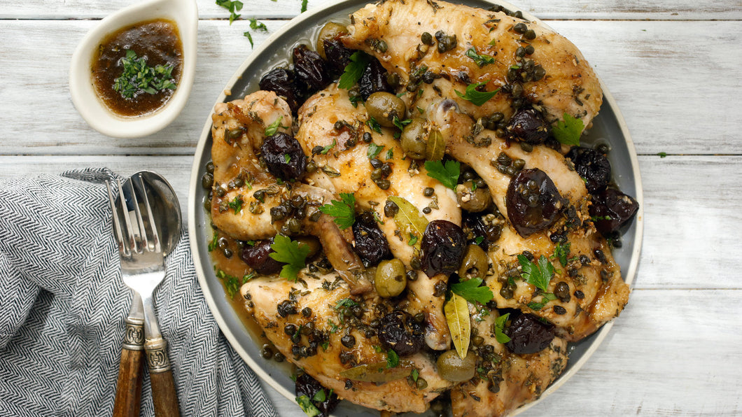 Silver Palate Inspired Chicken Marbella • Sweet & Briny Chicken Poussin - Prunes, Vinegar, Amazing Olive Oil, Capers & Garlic (Serves 2)