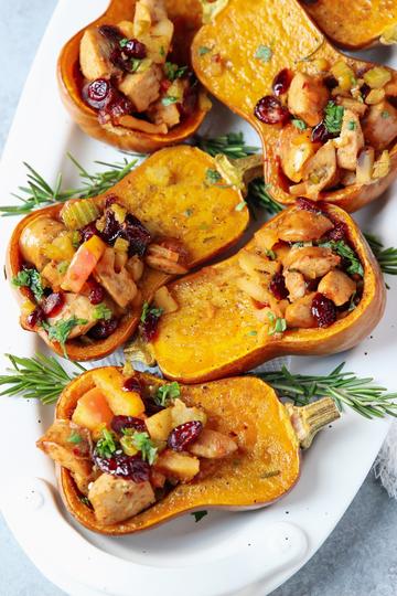 Baked Honey Nut Squash · Stuffed with Squash Caponata · Topped with Tamari Turmeric Pumpkin Seeds (4 Halves)